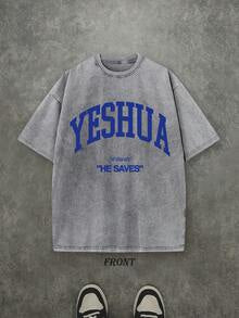 Retro Washed T-Shirt Single-Sided Printed (230 Pure Cotton T-Shirt) 'YESHUA HE SAVES'  Letter And Pattern Print, Christian Gift, Mens TShirt, Mens Shirt Casual, Comfortable, Fashionable T-Shirt, Street Style Cotton