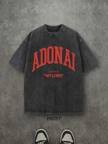 Retro Washed T-Shirt Single-Sided Printed (230 Pure Cotton T-Shirt) 'ADONAI MY LORD'  Letter And Pattern Print, Mens TShirt, Mens Shirt Casual, Comfortable, Fashionable T-Shirt, Street Style Cotton